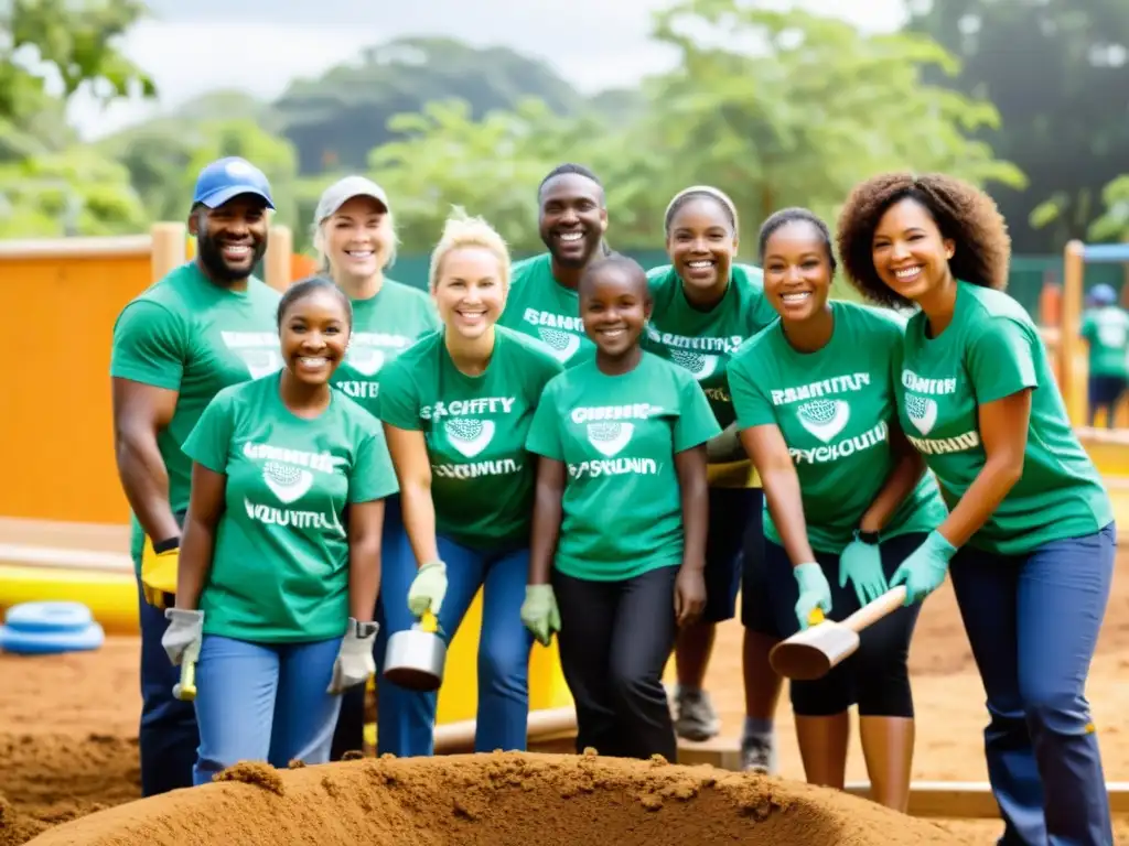 Voluntariado corporativo en organizaciones sin fines de lucro: Colaboradores construyendo un parque infantil, rodeados de niños felices y miembros agradecidos de la comunidad, bajo el cálido sol