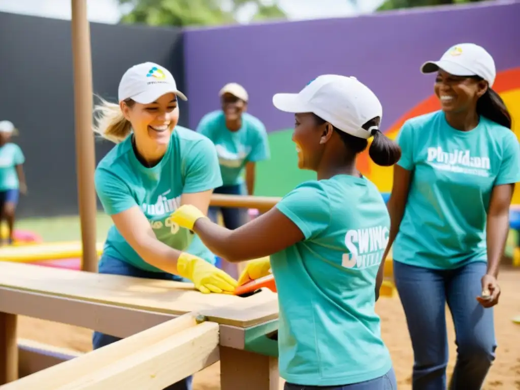 Voluntariado corporativo para ONGs: Construcción de parque infantil en comunidad desfavorecida, voluntarios pintando murales, niños jugando