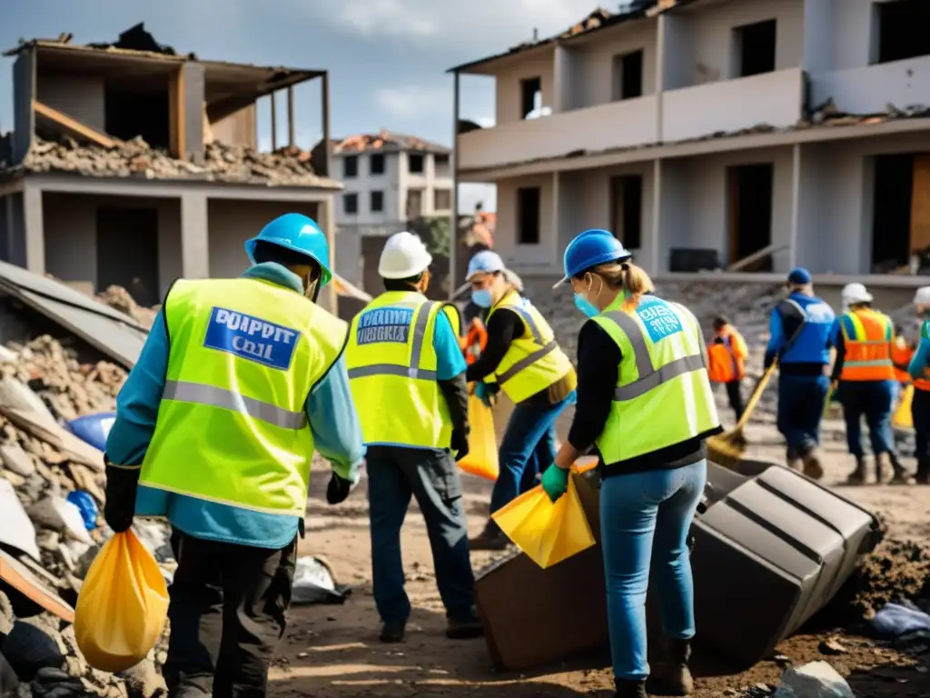 Voluntariado en crisis para ONGs: Grupo de voluntarios limpiando escombros y brindando ayuda en zona devastada, mostrando solidaridad y determinación