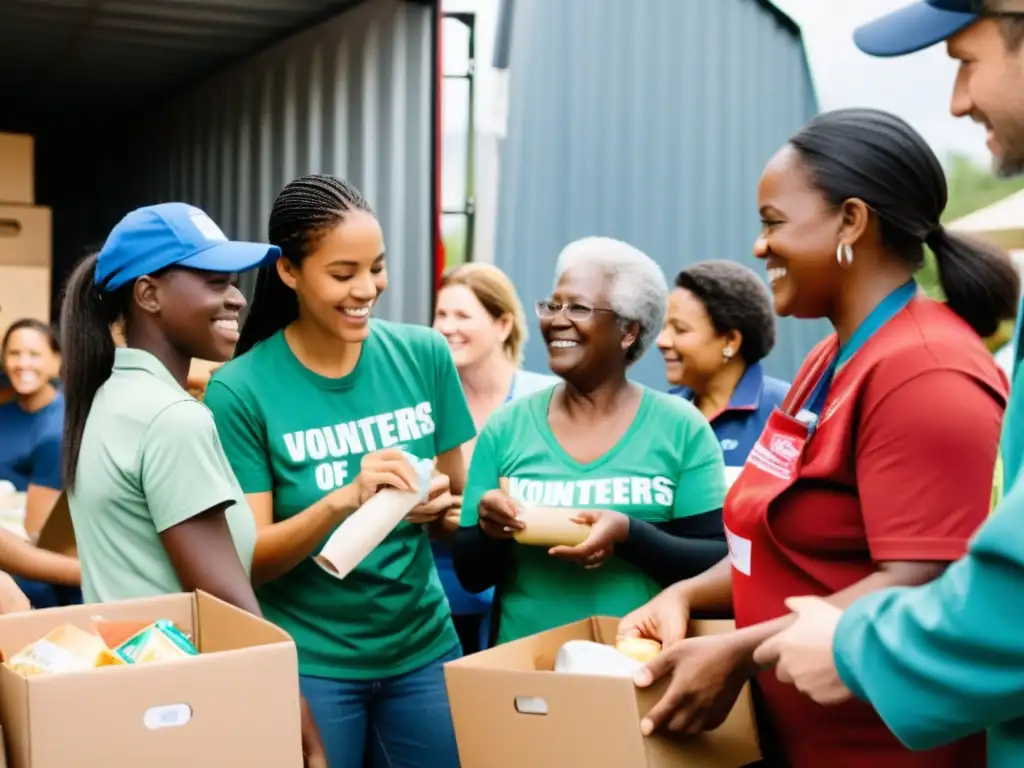 Voluntariado en crisis para ONGs: Diversos voluntarios colaboran en actividades humanitarias, mostrando solidaridad y compasión