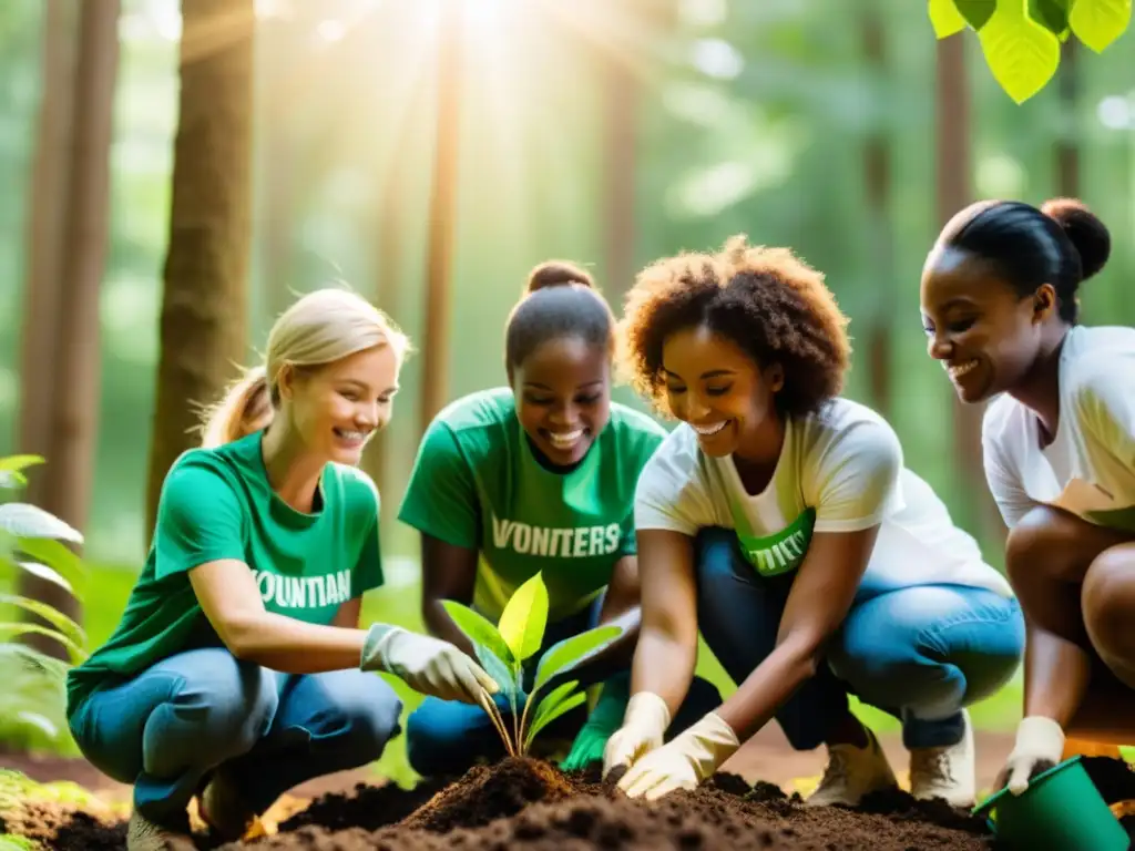 Voluntariado ecológico reducción huella carbono: Grupo diverso planta árboles en bosque, bajo cálidos rayos solares