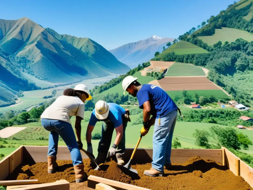 Voluntariado internacional desarrollo sostenible: Grupo diverso construye un centro comunitario con materiales locales, en medio de montañas verdes y cielo azul