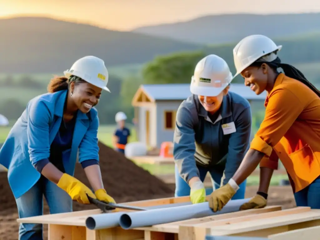 Voluntariado internacional construyendo viviendas sostenibles al atardecer en comunidad rural