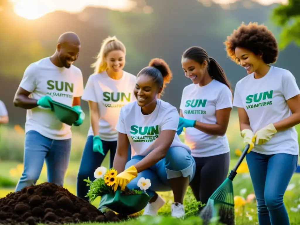 Voluntariado sostenible ONGs: Diversos voluntarios sonrientes limpian un parque al atardecer, promoviendo la comunidad y el cuidado del medio ambiente