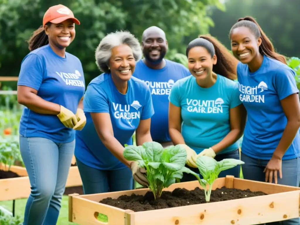 Voluntariado sostenible ONGs: Diversos voluntarios plantan vegetales en un huerto comunitario, con residentes locales sonrientes al fondo