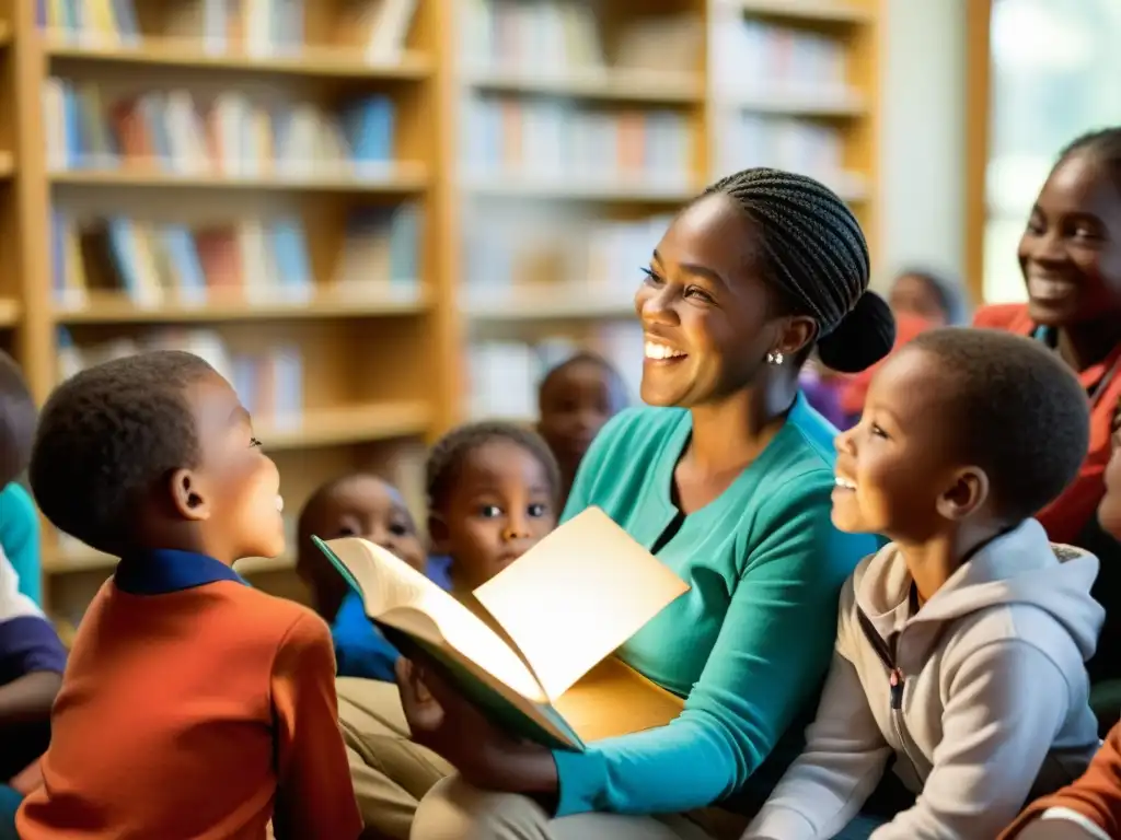 Voluntario leyendo a niños en biblioteca rural, archivar historias impacto ONG