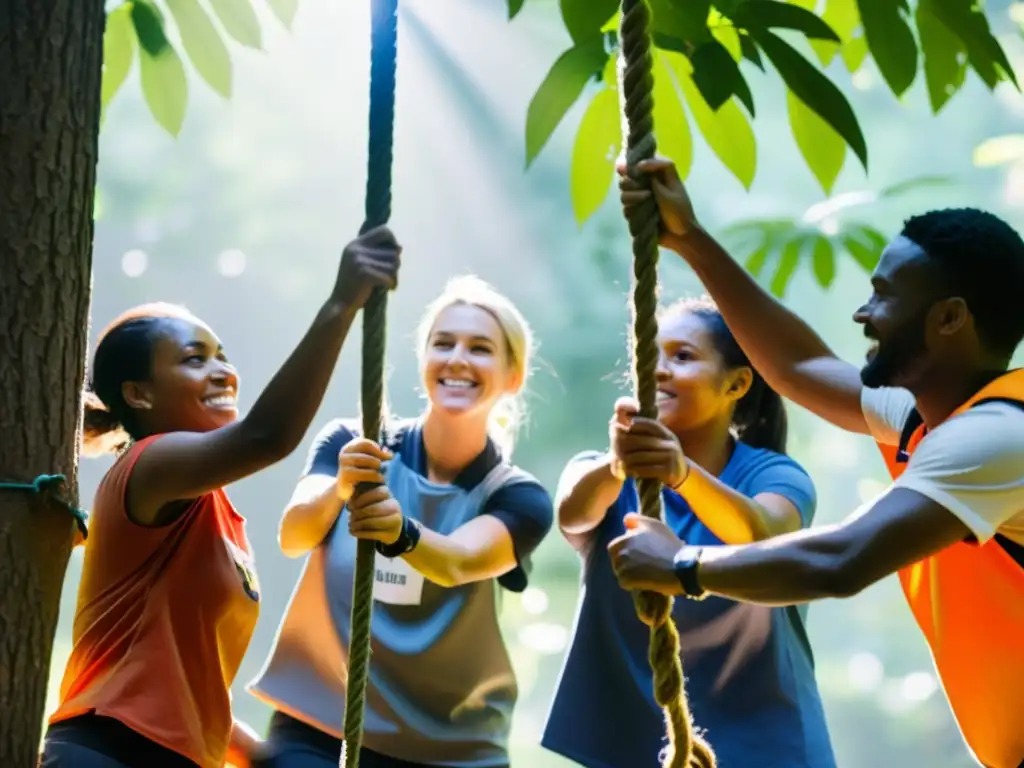 Voluntarios participando en actividades de teambuilding, desarrollando habilidades de resiliencia en un entorno comunitario