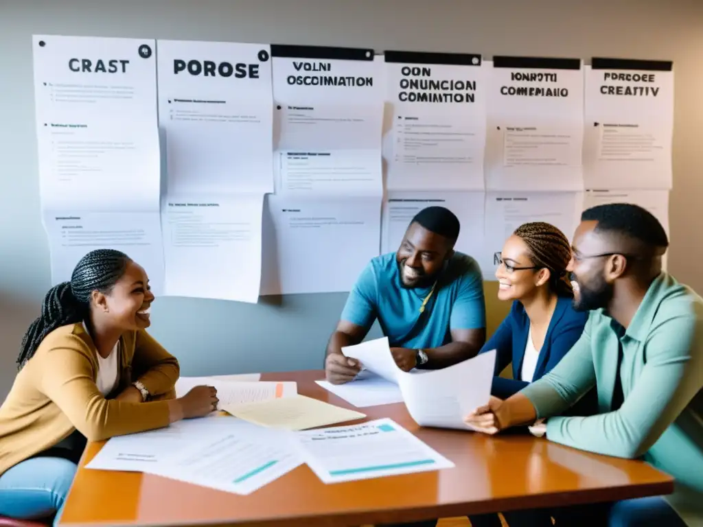 Voluntarios y activistas colaboran con pasión en una exitosa campaña de comunicación para su ONG, rodeados de papeles, gráficos y energía creativa