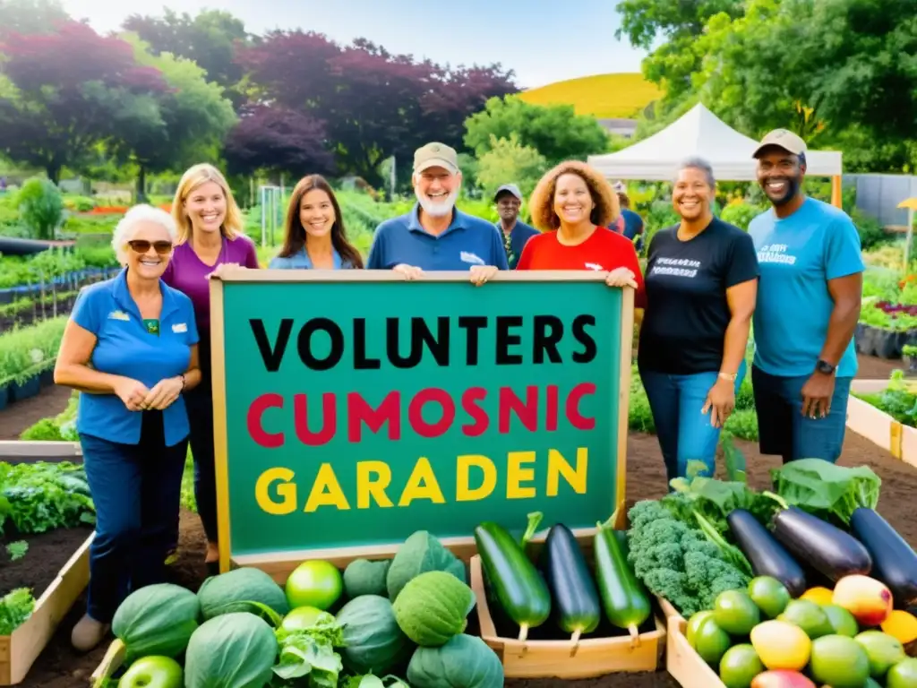 Voluntarios y agricultores colaboran en un huerto comunitario sostenible, rodeados de frutas y verduras orgánicas