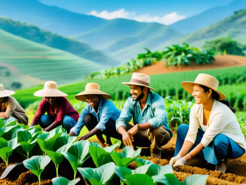 Voluntarios de ONG practicando agricultura sostenible con granjeros locales