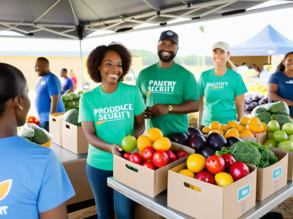 Voluntarios distribuyen alimentos a familias necesitadas en un evento comunitario