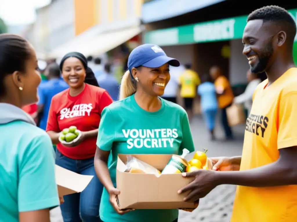 Voluntarios de ONG distribuyen alimentos a personas diversas en un mercado urbano