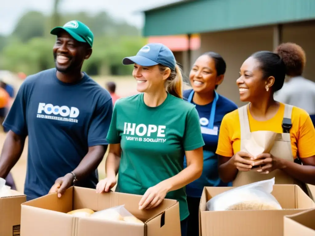 Voluntarios de ONG distribuyen alimentos y suministros a una comunidad necesitada, mostrando empatía y solidaridad