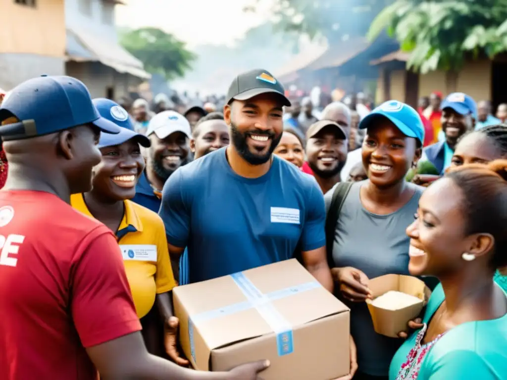 Voluntarios distribuyen alimentos y suministros a una comunidad necesitada, con un ambiente de unidad y esperanza