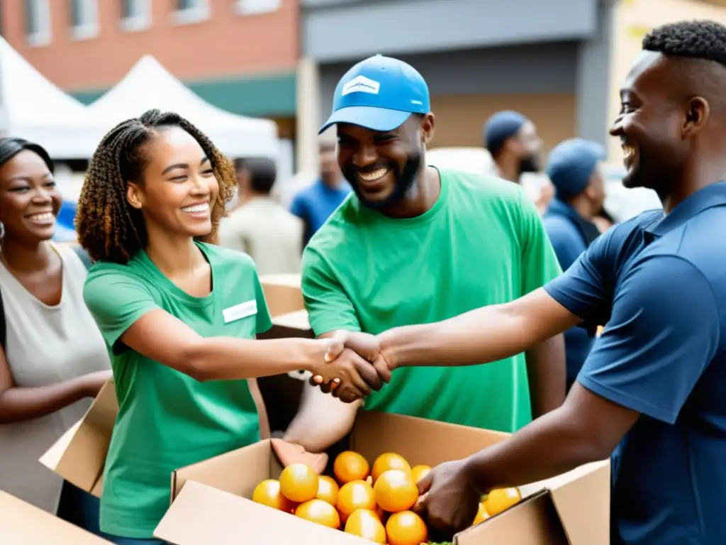 Voluntarios distribuyendo alimentos y suministros a una comunidad diversa en un entorno urbano, transmitiendo unidad y compasión