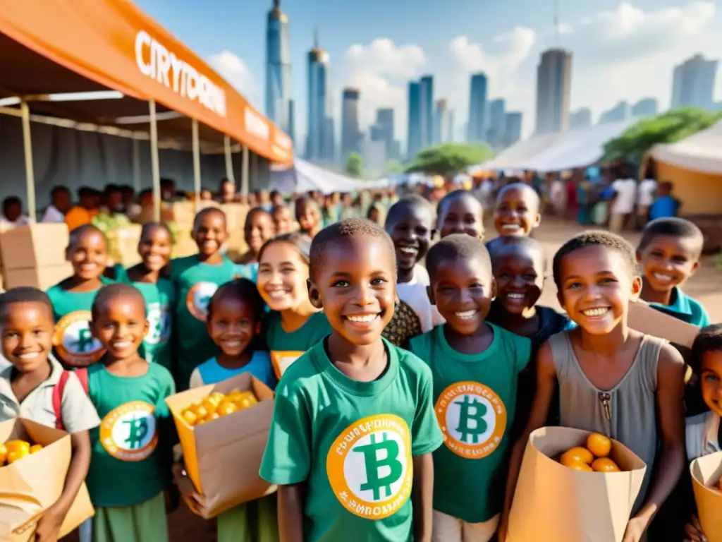 Voluntarios distribuyendo alimentos y suministros educativos a niños sonrientes en una comunidad rural, con un mercado bullicioso y rascacielos al fondo, simbolizando el impacto potencial de las criptofinanzas en organizaciones sin fines de lucro