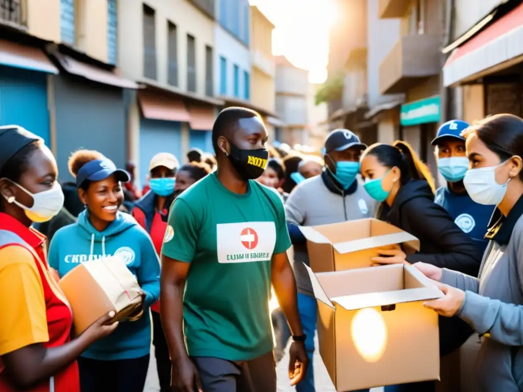 Voluntarios distribuyen alimentos y suministros a familias necesitadas en la ciudad, mostrando la medición de impacto en ONGs