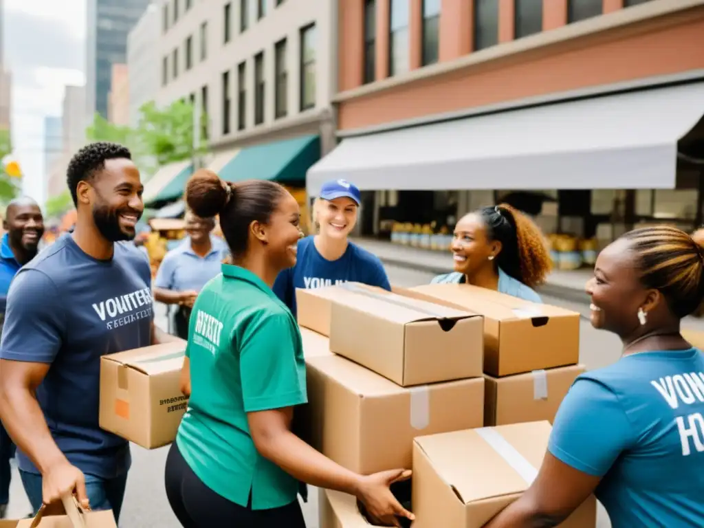 Voluntarios de ONG distribuyen alimentos y suministros a familias necesitadas en una ciudad animada