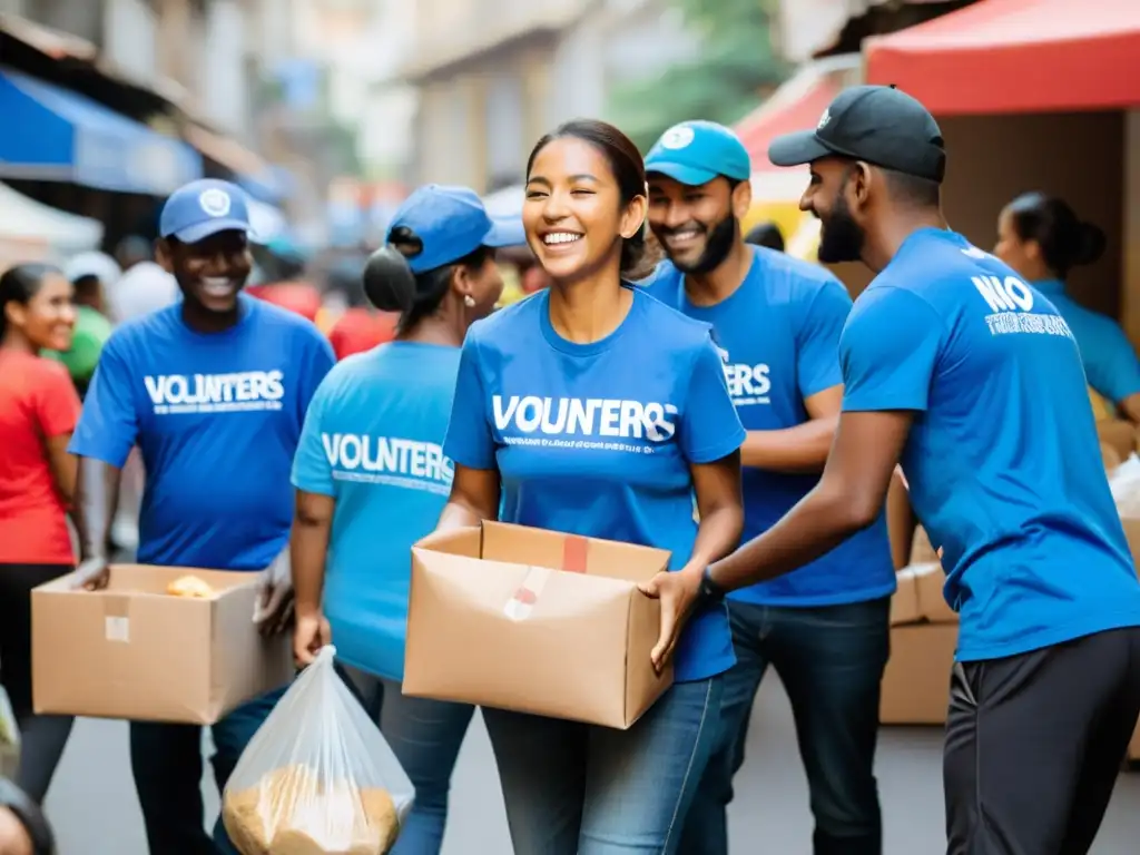 Voluntarios distribuyen alimentos y suministros a personas necesitadas en entorno urbano