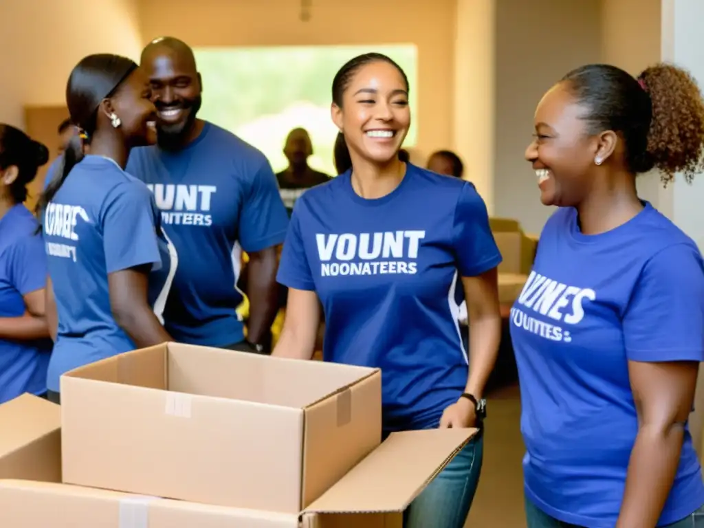 Voluntarios distribuyendo alimentos y suministros a personas necesitadas, mostrando el impacto de los incentivos fiscales para ONGs