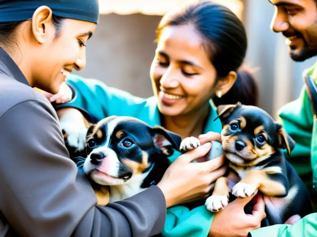 Voluntarios de ONGs protección animal rescatando perros maltratados y desnutridos en un refugio, brindando cuidado y esperanza