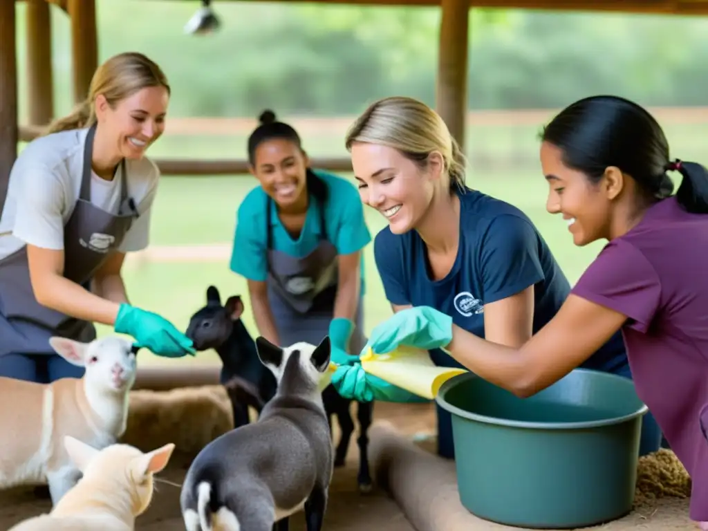 Voluntarios de ONGs protección animal cuidando animales en santuario