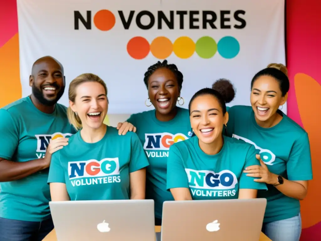 Voluntarios apasionados realizan estrategias fundraising efectivas ONG en evento online, compartiendo historias impactantes