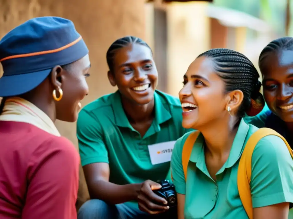 Voluntarios apasionados interactúan con diversidad de personas en comunidad, capturando momentos auténticos de conexión y empoderamiento a través de estrategias de video para contar historias ONG