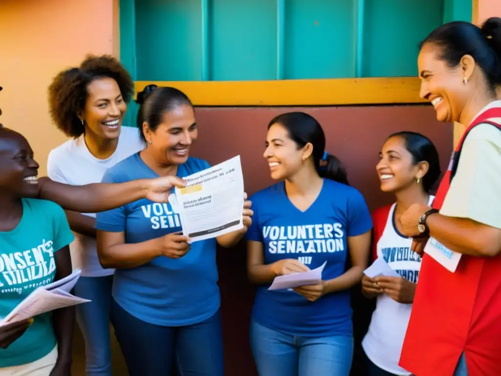 Voluntarios apasionados involucrados en campañas de sensibilización, interactuando empáticamente con comunidades locales