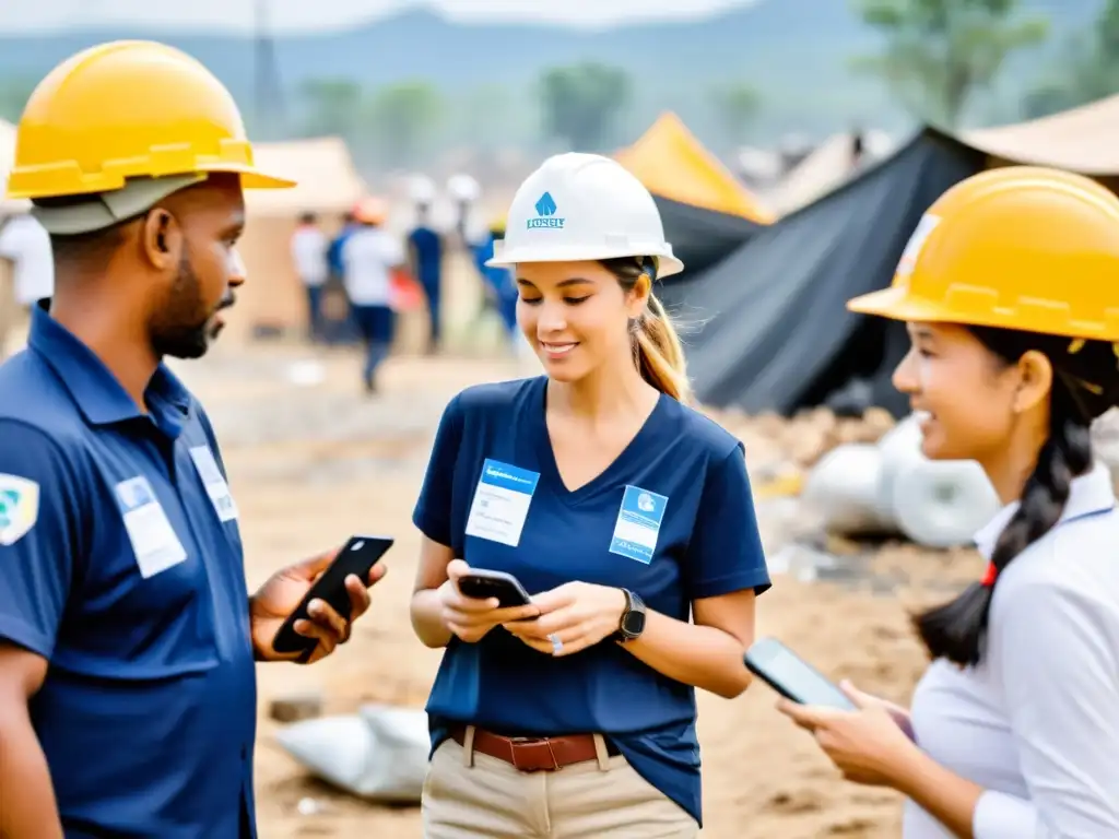 Voluntarios de ONG usan apps móviles para coordinar ayuda en zona de desastre, demostrando su dedicación y eficiencia