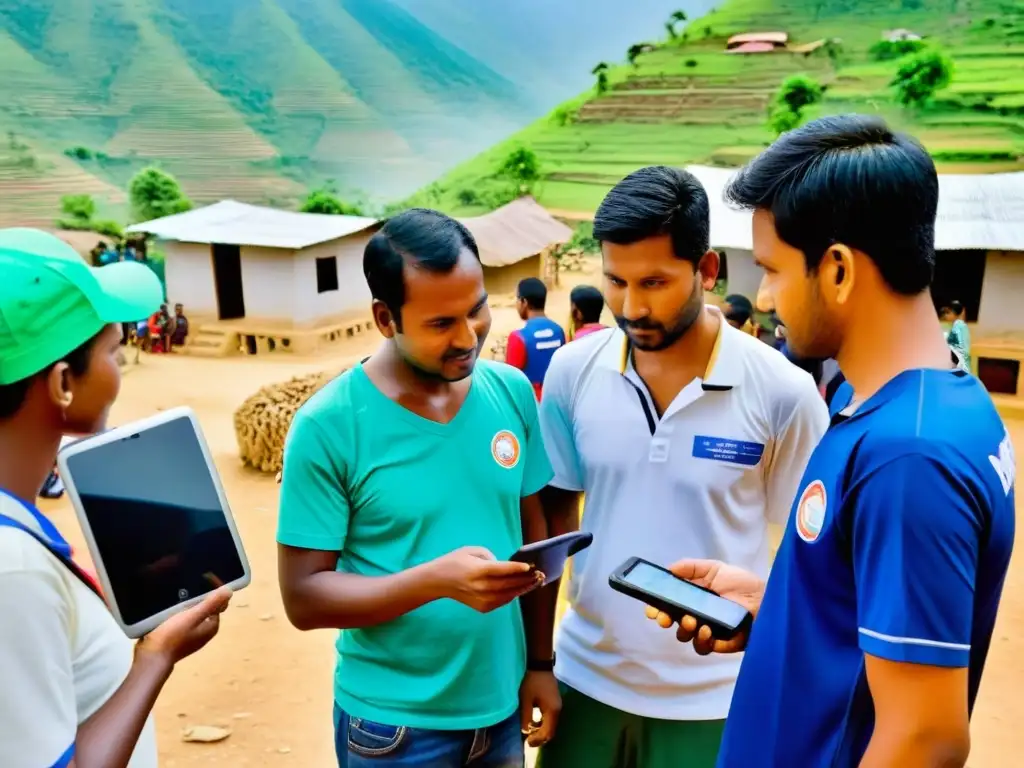 Voluntarios de una ONG usan apps móviles para ONGs en un pueblo remoto, coordinando ayuda en terreno difícil