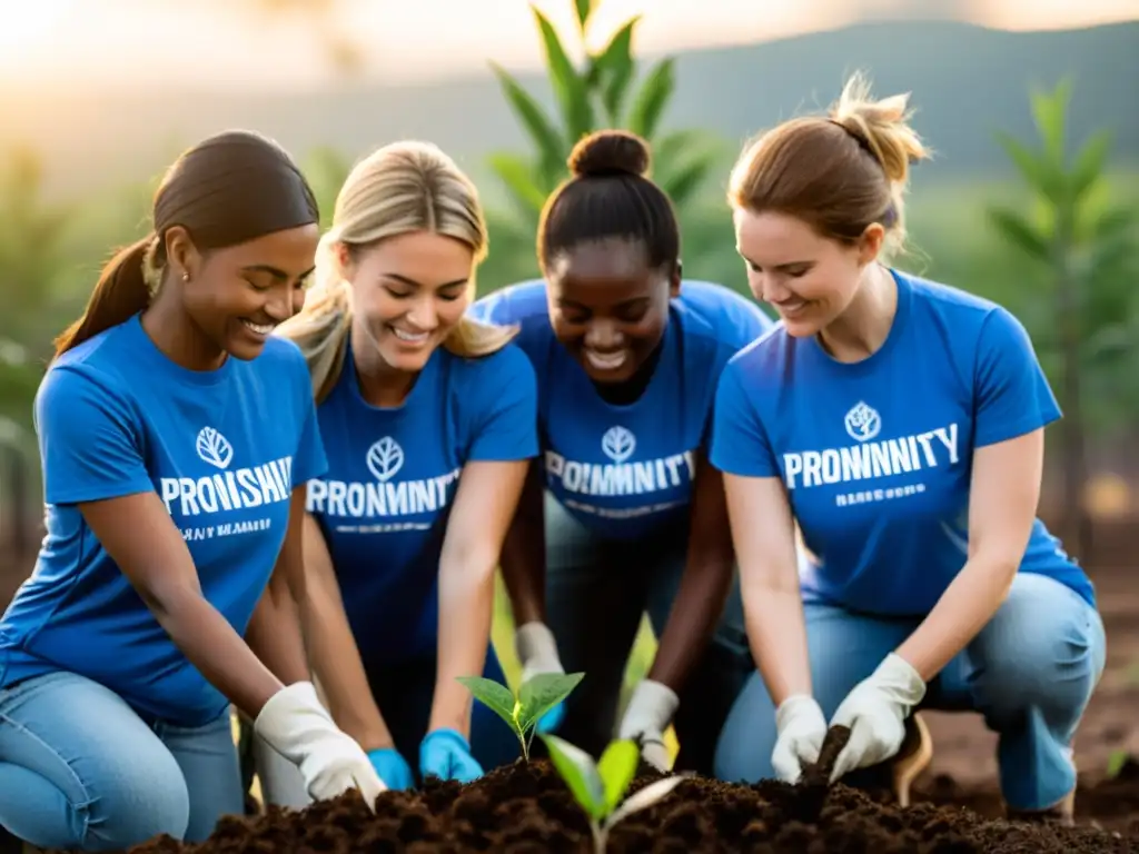 Voluntarios plantando árboles al atardecer, con camisetas azules de la ONG sin fines de lucro, reflejando su compromiso