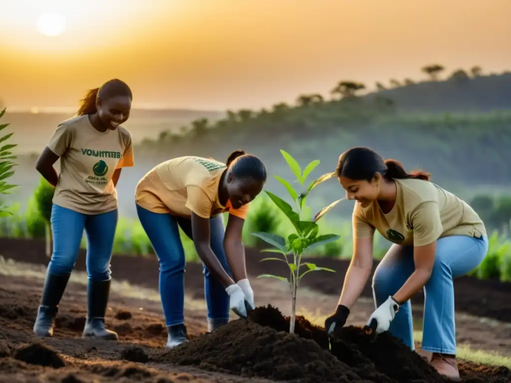 Voluntarios de ONG plantan árboles al atardecer, mostrando responsabilidad ambiental y construyendo una reputación online positiva