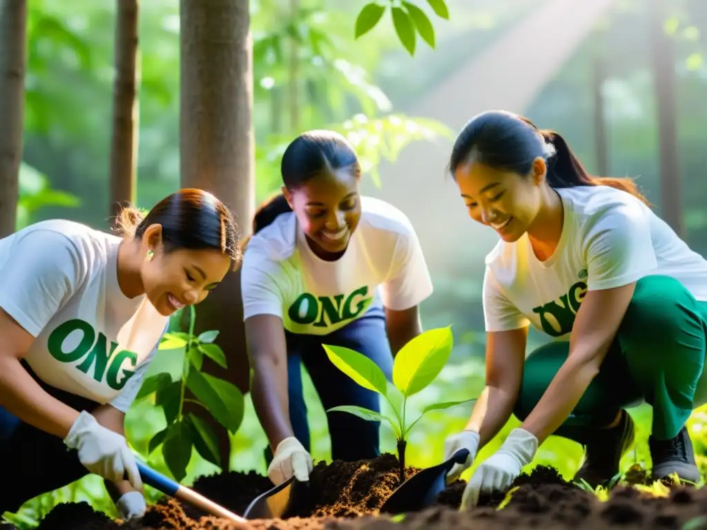 Voluntarios de ONG plantan árboles en un bosque verde, mostrando la gestión de proyectos medioambientales y la sostenibilidad