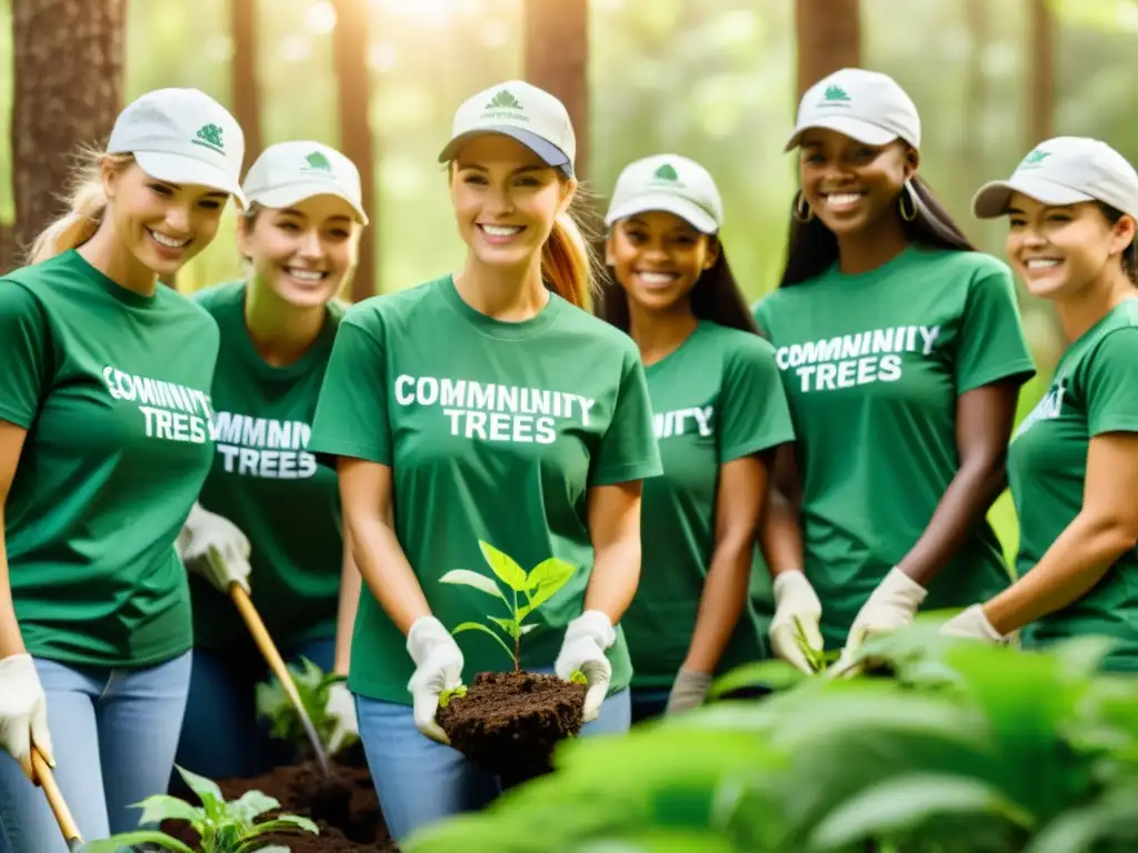 Voluntarios plantando árboles en un bosque verde, unidos en comunidad y compromiso con el medio ambiente