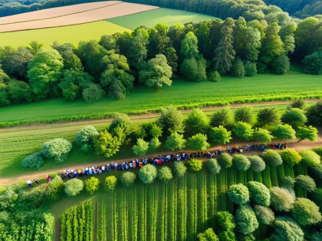 Voluntarios plantando árboles en paisaje verde