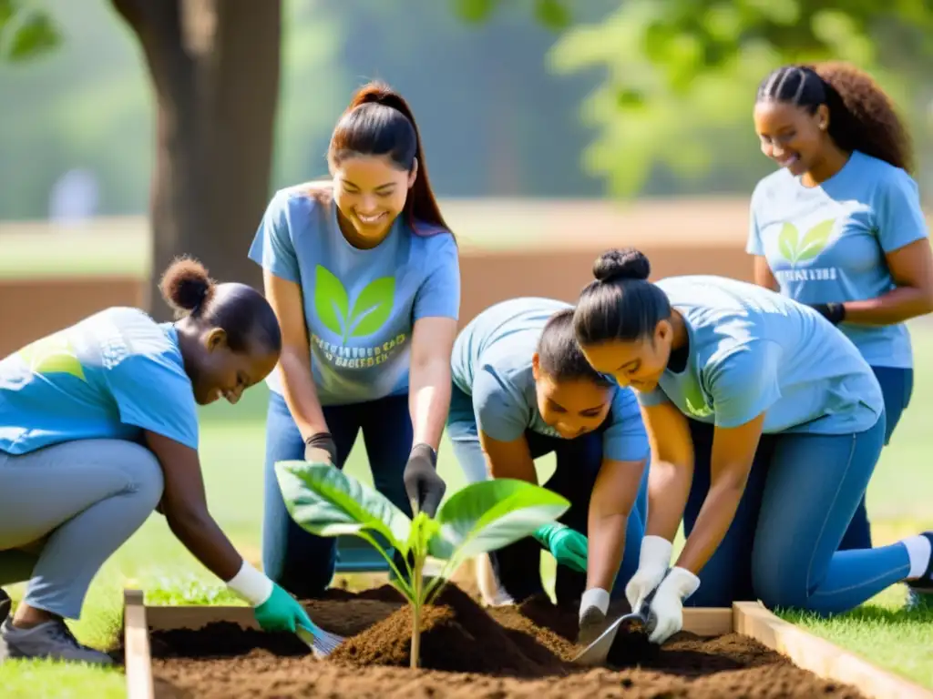 Voluntarios plantando árboles en parque, con luz solar entre las hojas