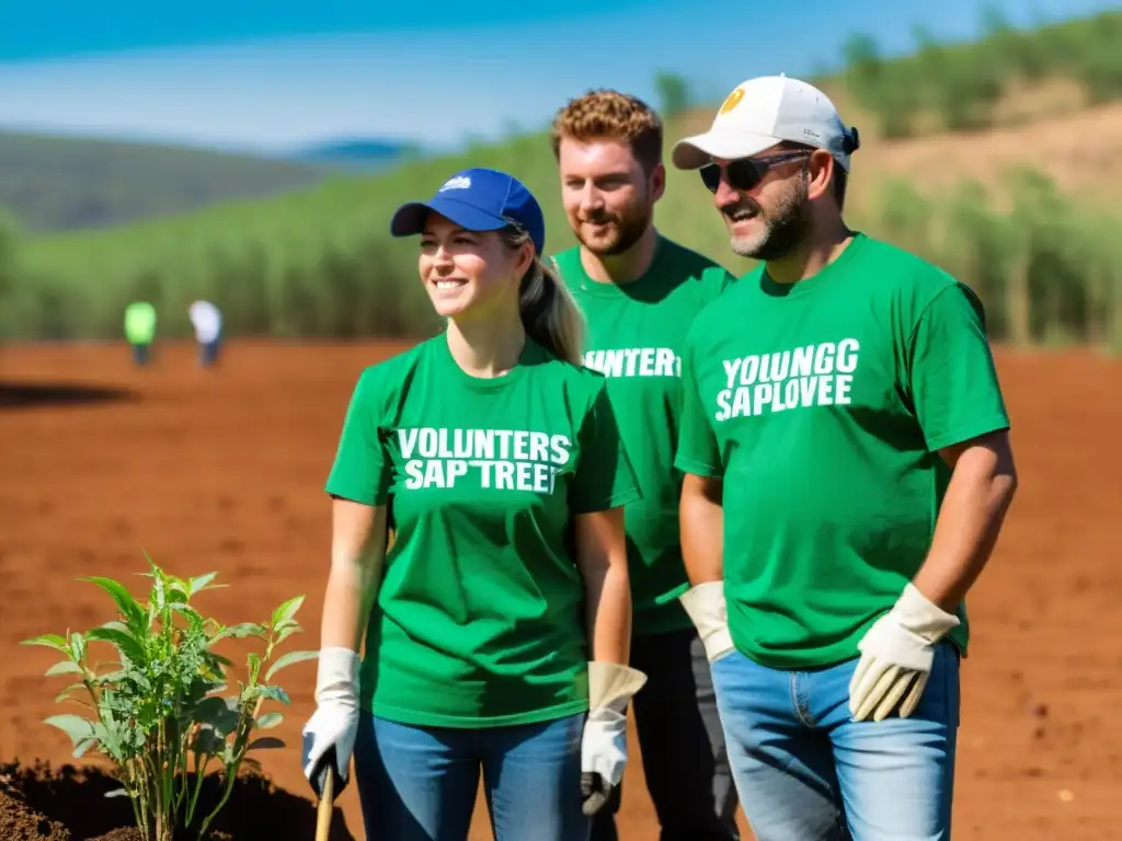 Voluntarios plantando árboles bajo el sol, con determinación y gestión eficiente flujo efectivo ONG para conservar el ambiente