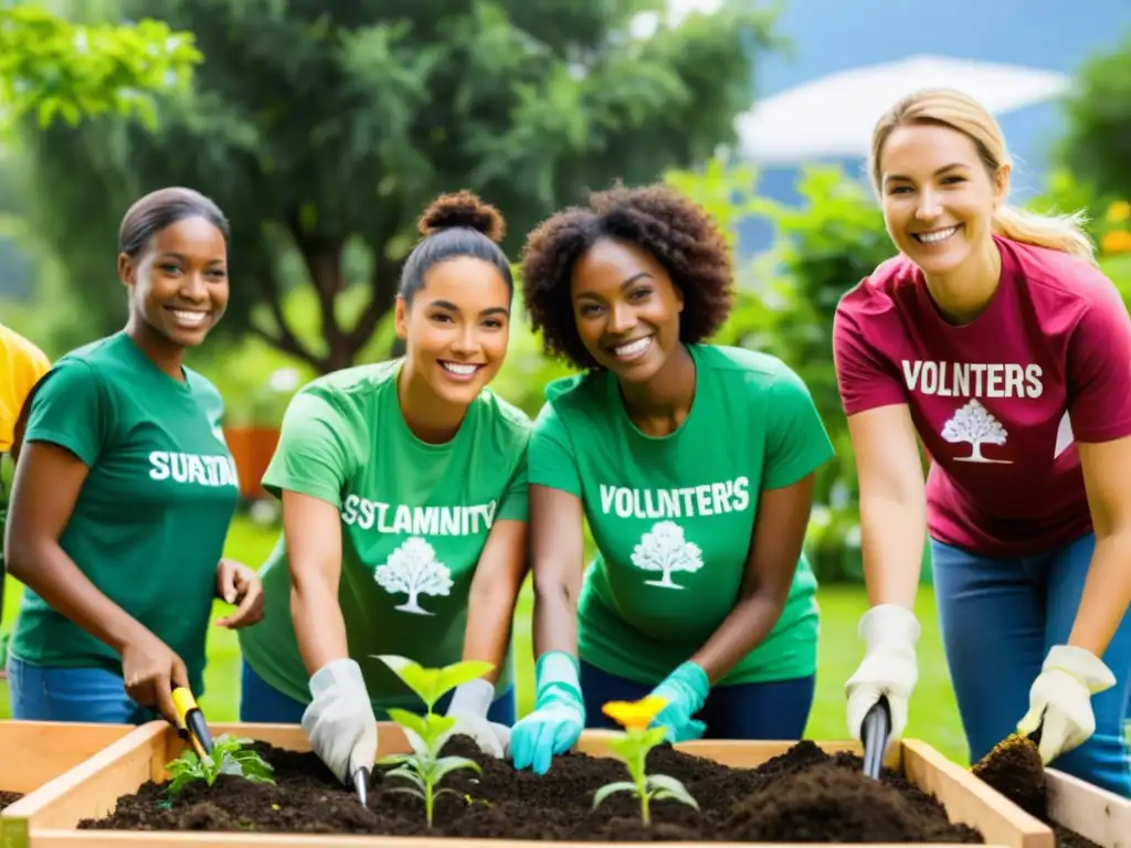 Voluntarios plantando árboles en jardín sostenible, con ropa ecofriendly