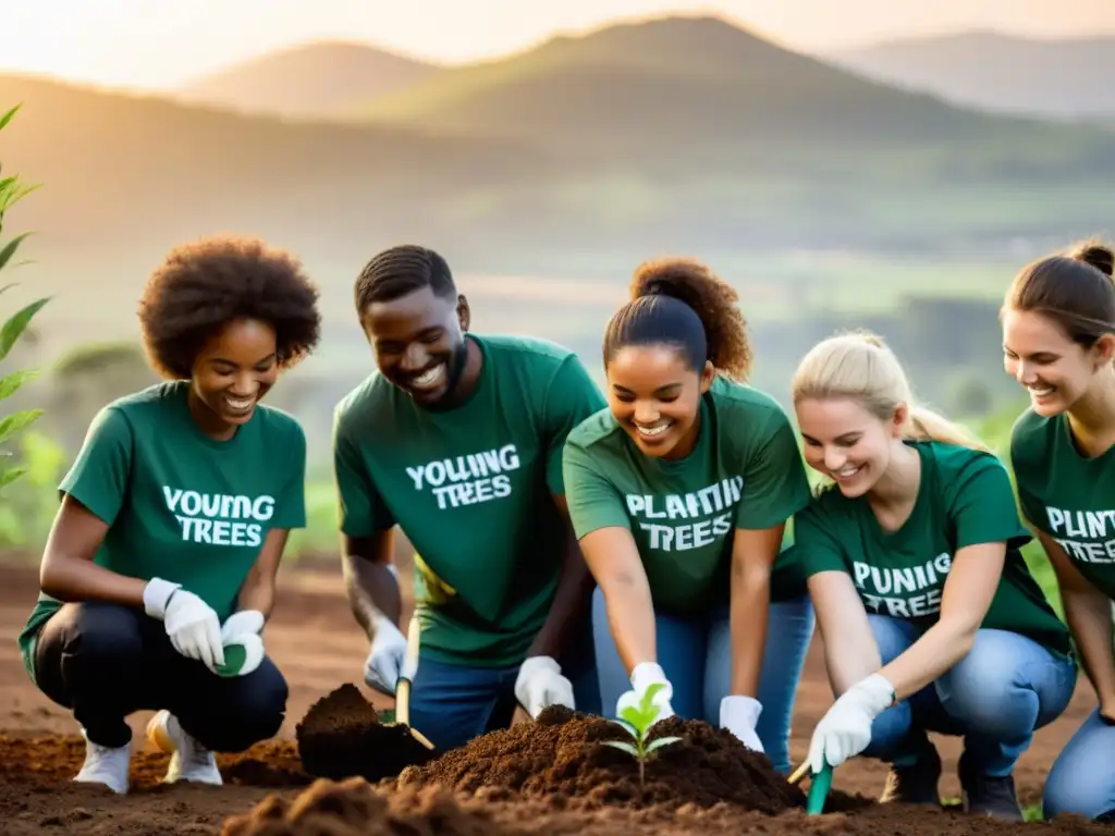 Voluntarios plantando árboles en tierra deforestada al atardecer, generando narrativas de impacto social para ONGs