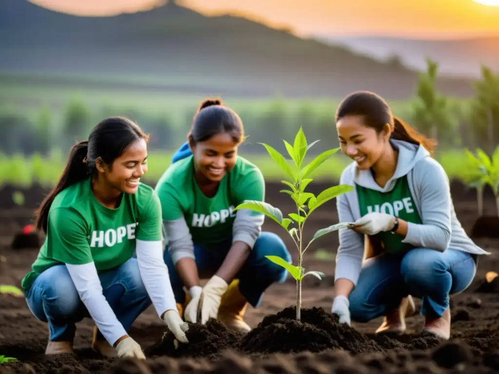 Voluntarios plantan árboles en una zona deforestada al atardecer, simbolizando esperanza y renovación en las Iniciativas ONG cambio climático