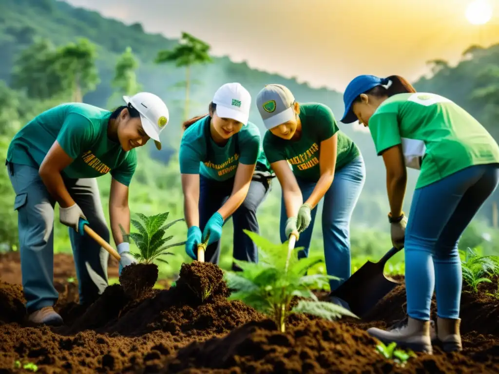 Voluntarios plantando árboles en zona deforestada, reducir huella carbono eventos ONG