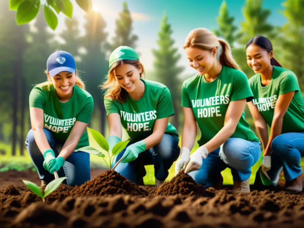 Voluntarios plantando árboles en zona deforestada, creando un impacto ambiental positivo con postura sostenible