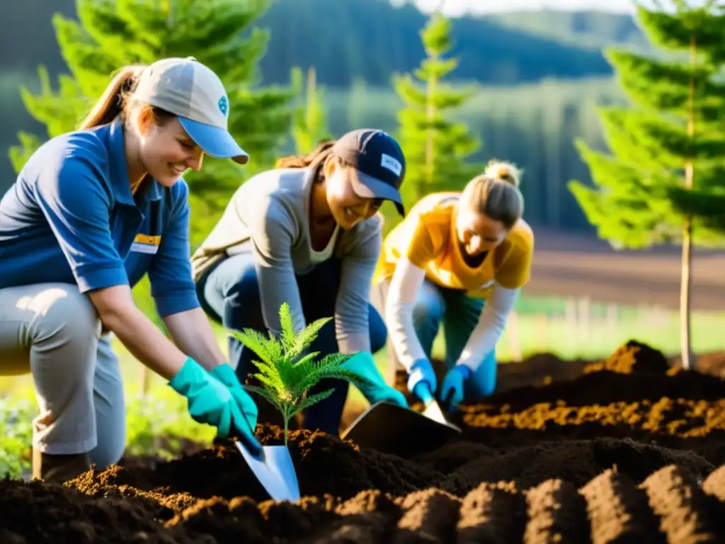 Voluntarios plantando árboles en zona deforestada, con sol cálido