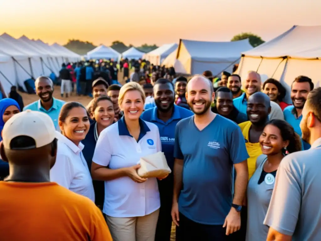 Voluntarios distribuyen ayuda en campamento de refugiados al atardecer, resaltando la importancia de microdonaciones para ONGs