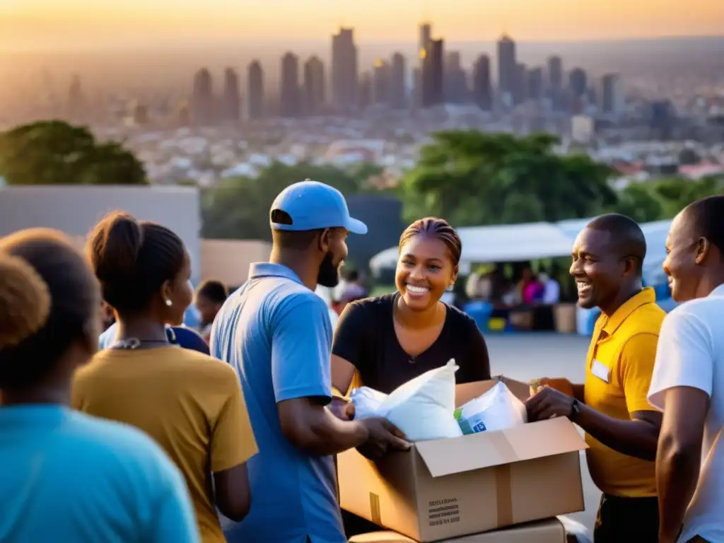 Voluntarios de ONG distribuyendo ayuda en la ciudad al atardecer, mostrando la solidaridad y los beneficios de criptomonedas para ONGs