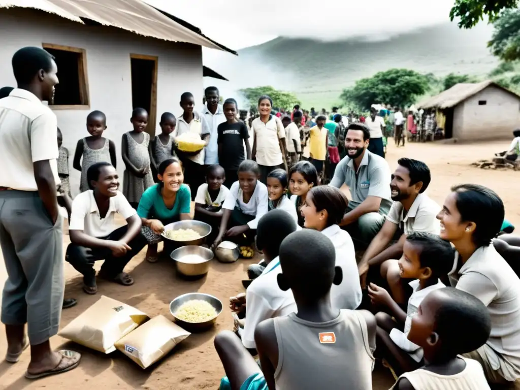 Voluntarios distribuyendo ayuda en comunidad remota Voluntarios distribuyen ayuda y conversan con la comunidad en una aldea remota