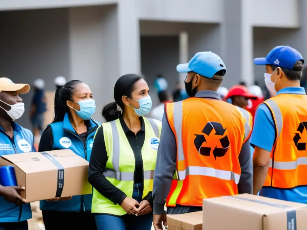 Voluntarios distribuyendo ayuda en crisis, con fondo de edificios dañados