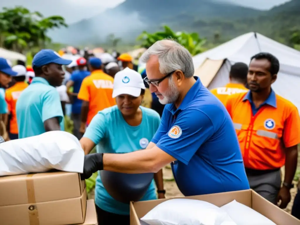 Acción humanitaria: ayuda de emergencia en desastres naturales Voluntarios de ONG brindan ayuda en desastre natural, destacando preparación y contingencias para responder a crisis