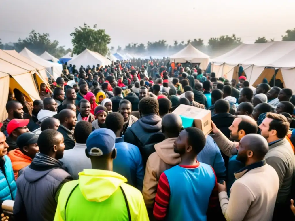 Voluntarios distribuyen ayuda humanitaria en un campamento de refugiados, mostrando el impacto de la inteligencia artificial en ONGs